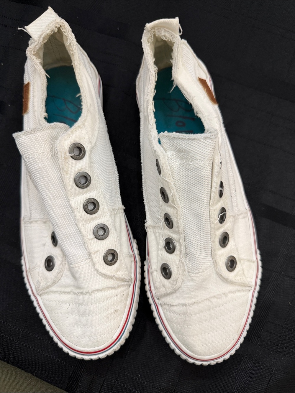 Blowfish White Canvas Slip-Ons with Teal Insoles